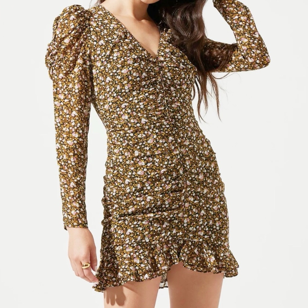 ASTR The Label Maven Mini Dress S Black Green Floral Puff Sleeve Sexy Flirty